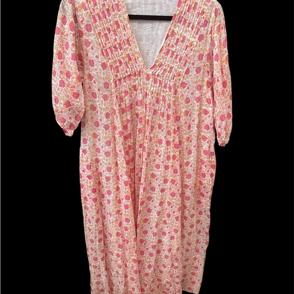 Dolma Dresses & Skirts - Pink Floral Maxi Dress with Pintuck V-Neck and Three-Quarter Sleeves